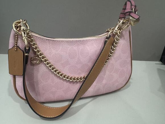 Coach. Handbags - Coach Pink Signature Canvas Chain Hobo Shoulder Bag Crossbody Purse